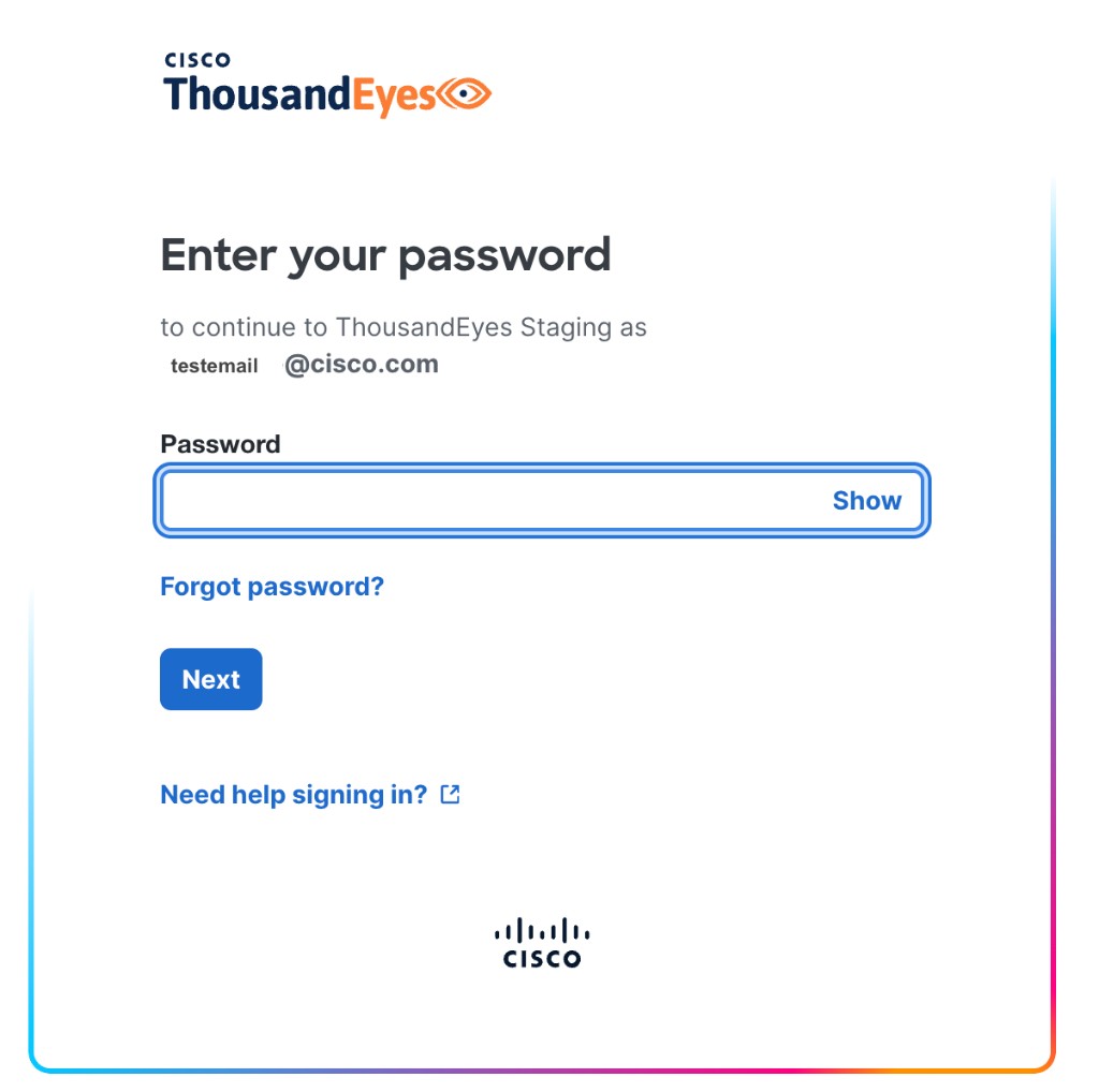 ThousandEyes sign-in screen with password field
